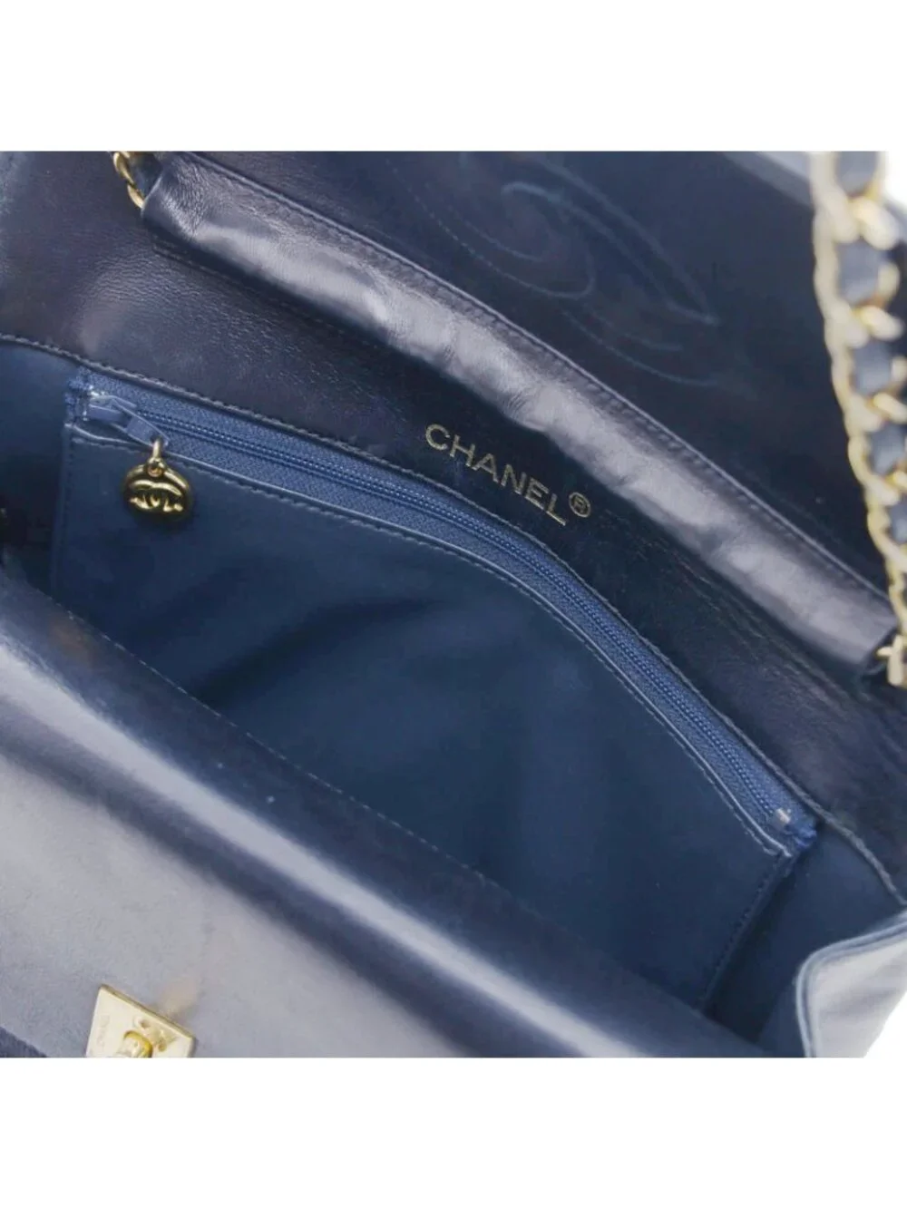 Chanel Quilted Half Moon Double Flap Chain Shoulder Navy Bag Lambskin